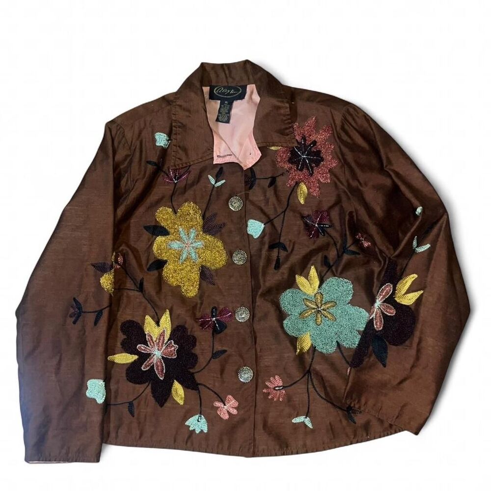 Vintage Alex Kin Women's Brown Blazer with Floral Chenille Embroidery SZ L